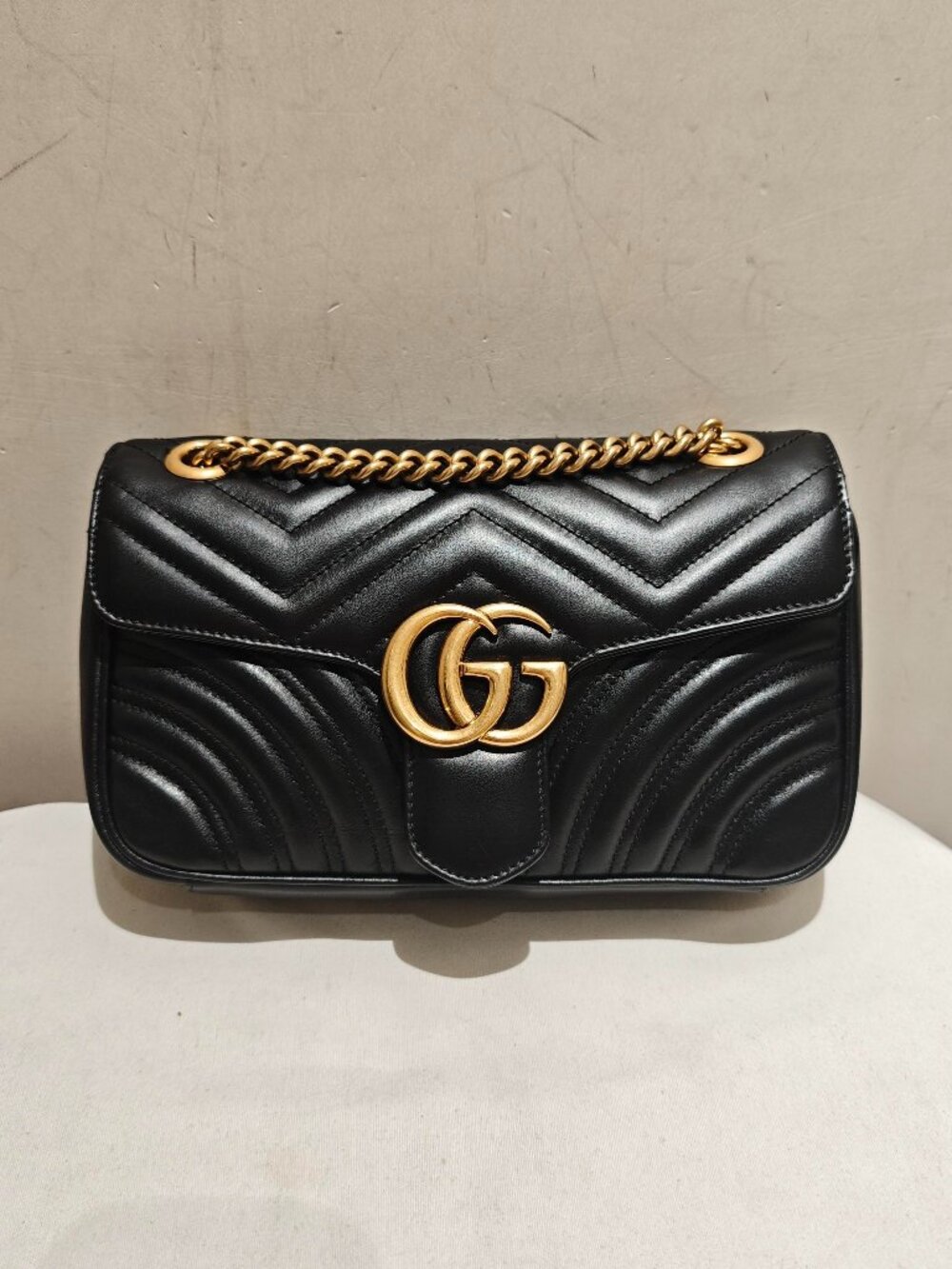 Gucci GG Marmont Medium Black Chevron Quilted Calfskin Chain Bag